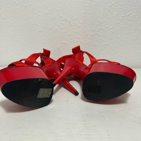 Pleaser delight Red Satin Platform Ankle-Tie High Heel Sandal - Picture 11 of 12